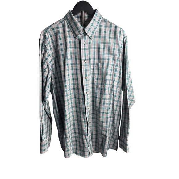 90's Jos. A. Bank Men's Traveler's Collection Green Tartan Plaid Dress Shirt L - Picture 1 of 8